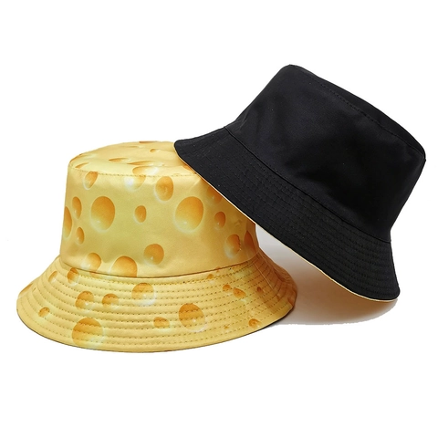 Reversible Bucket Hat Polyester Cheese Beer Food Print Foldable Outdoor Casual Sun Protection Unisex Fishing Hat