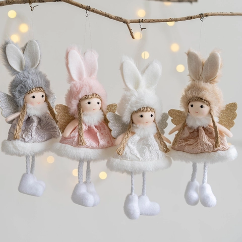 Ornement Suspendu Ange Lapin en Peluche Poupée de Noël avec Ailes Scintillantes pour Décoration d'Arbre de Noël