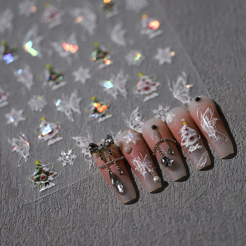 3D Holographic Laser Nail Art Stickers Butterfly Christmas Tree Snowflake Gold Stamping DIY Manicure Decals