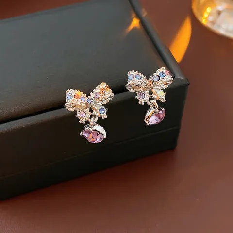 Colorful Bow Knot Drop Earrings Alloy Rhinestone With Purple Crystal Pendant And Silver Earring Post Elegant Jewelry For Women