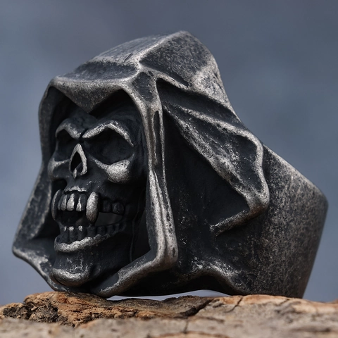 Bague Crâne À Capuche Acier Inoxydable Vintage Gothique Punk Design 3D Style Sombre Pour Homme