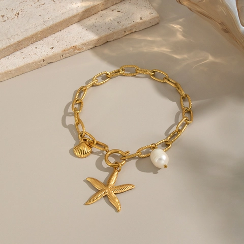 Pulsera Estrella De Mar Concha Perla Artificial Acero Inoxidable Impermeable Hipoalergénico Estilo Océano Joyas Para Mujer