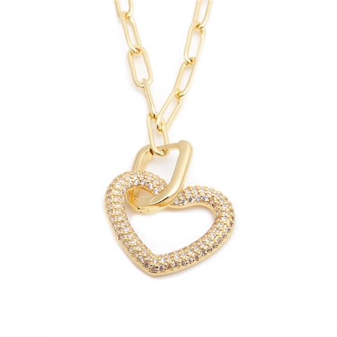 Copper Heart Pendant Necklace Women Micro Pave Zirconia Interlocking Double Hearts Paperclip Chain Trendy Jewelry Gift