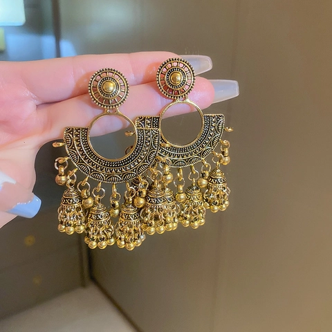 Ethnic Bohemian Jhumka Κρεμαστά Σκουλαρίκια Με Ασημένιο Κούμπωμα Vintage Σχήμα Βεντάλιας Χρυσά Κουδούνια Με Φούντες Για Γυναίκες
