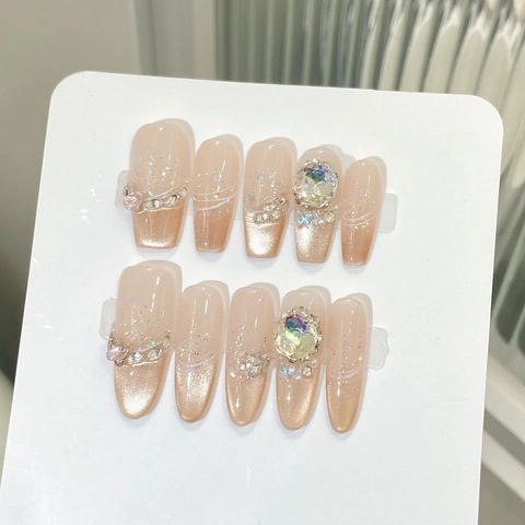 Handmade Luxury Nude Rose Gold Gradient Press On Nails With Rhinestones Cat Eye Effect Long Coffin Oval Fake Nails