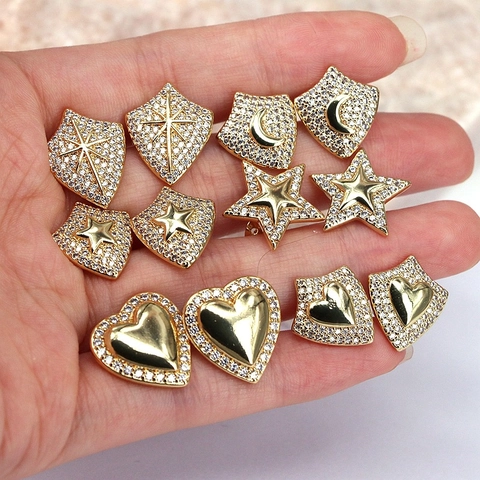 Geometrische Oorknopjes Koper Zirkoon Ingelegd Hart Ster Maan Schild Vorm Mode Lichte Luxe Ins Stijl Accessoire Voor Dames