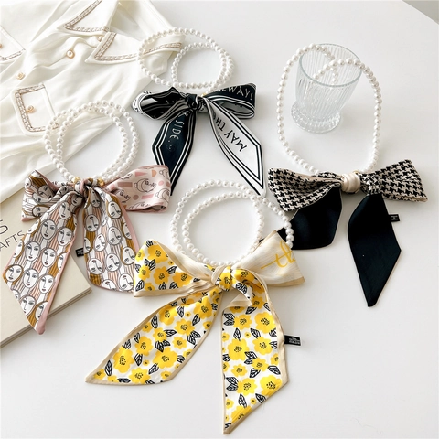 Collier De Künstliche Perles Vintage Français Avec Écharpe Sensation Satin Noeud Choker Femmes Ruban Imprimé Long Accessoire Élégant
