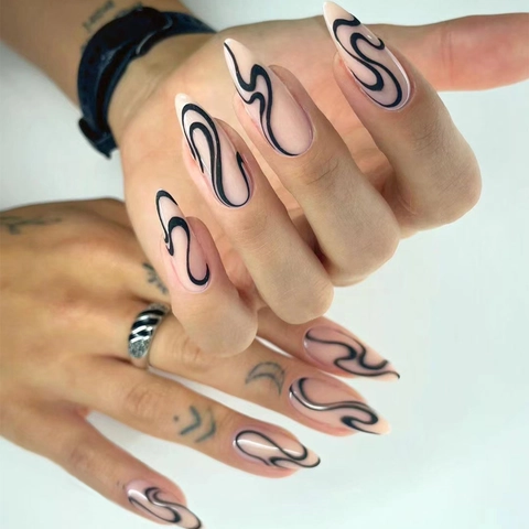 Unghie Finte Lunghe Stiletto Rosa Nude Motivo Serpente Nero Vortici Astratti Punte Per Unghie Manicure Fai Da Te Donne Alla Moda