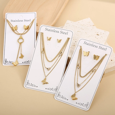 Elegant Butterfly Heart Pendant Multi Layer Stainless Steel Necklace And Stud Earrings For Women Fashion Gold Plated Accessories