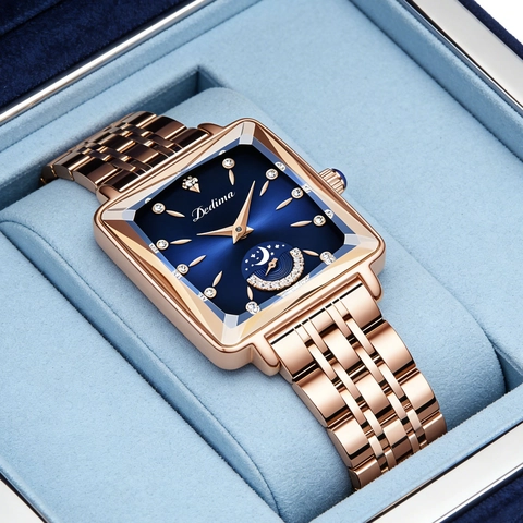 Montre à Quartz Pour Femmes Rectangulaire Avec Phases de la Lune Soleil Lune Étoile Accents de Strass Bracelet en Métal