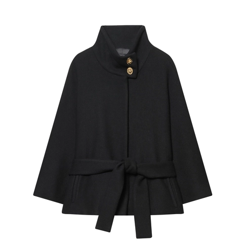 Veste Courte En Mélange De Laine Pour Femmes Col Montant Style Cape Manteau Noir Avec Boutons Dorés Et Ceinture