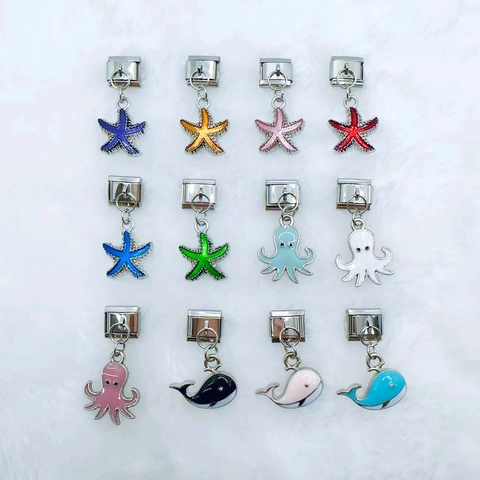 Italian Charm Links Stainless Steel Enamel Sea Creature Starfish Whale Octopus DIY Bracelet Making Cute Ocean Theme