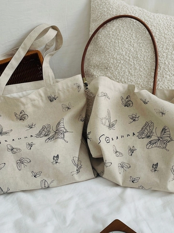 Sac Fourre-Tout En Toile Imprimé Papillon Grande Capacité Sac À Main Bandoulière Avec Anses En Cuir Style Rétro Pour Femmes