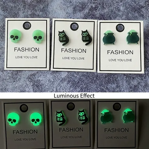 Halloween Luminous Stud Earrings Acrylic With Stainless Steel Earring Post Spooky Witch Cauldron Ghost Cat Glow In Dark Jewelry