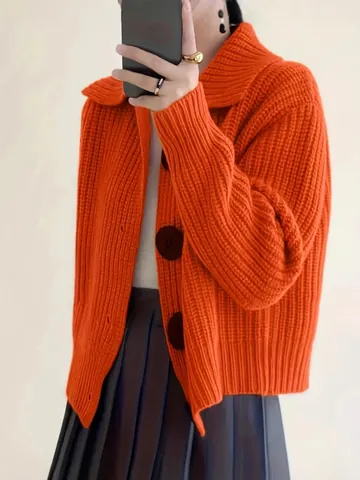 Women Knit Cardigan Loose Fit Lapel Collar Large Buttons Chunky Knitwear Plus Size Long Sleeve Casual Outerwear
