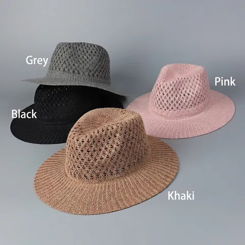 Fedora Hat Polyester Hollow Out Breathable Sun Protection Wide Brim Foldable Panama Jazz Cap Summer Beach Vacation