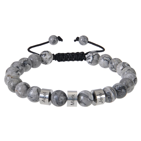 Natural Stone Bead Bracelet With Stainless Steel Cylindrical Beads Hand Woven Adjustable Rope Jewelry For Men Women