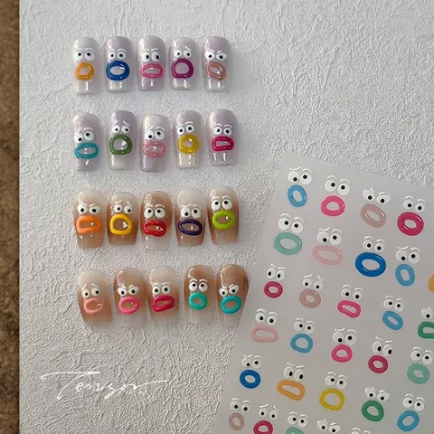 3D Relief Nail Stickers Funny Cartoon Face Expressions Colorful DIY Manicure Decoration Cute Embossed Decals
