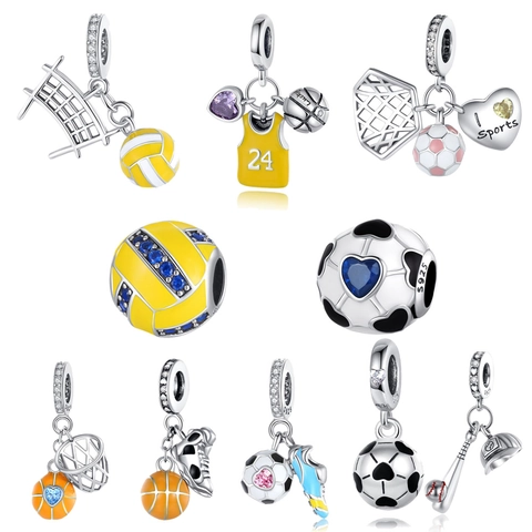 Sports Theme Charms Pendants 925 Sterling Silver Enamel Zircon Basketball Football Baseball For DIY Jewelry Making
