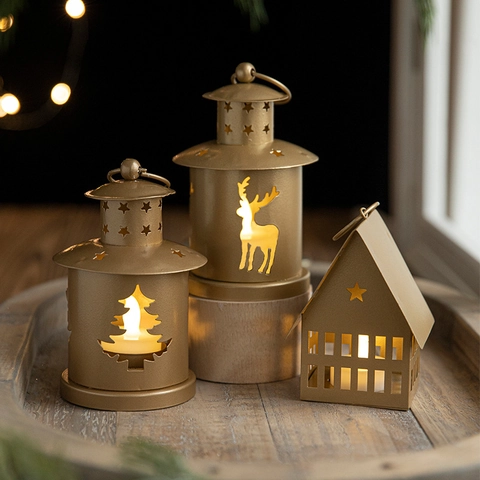 Christmas Lantern Candle Holder Gold Hollow Iron Metal Deer Tree House Retro Desktop Festive Atmosphere Decor