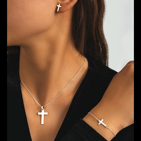 Gioielli Croce In Acciaio Inossidabile Inclusi Collana Bracciale E Orecchini Stile Retro Hip Hop Per Uomo Donna Moda