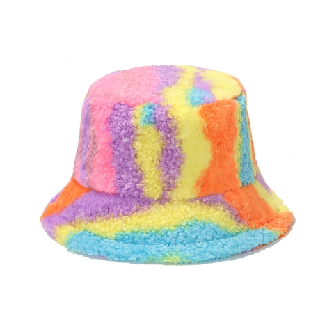 Bucket Hat Winter Warm Plush Thickened Colorful Gradient Stripe Polyester Faux Lamb Wool Casual Fashion For Women