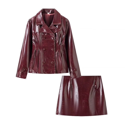 Veste En Simili Cuir Verni PU À Double Boutonnage Et Mini Jupe Tenues Streetwear Chic Pour Femmes