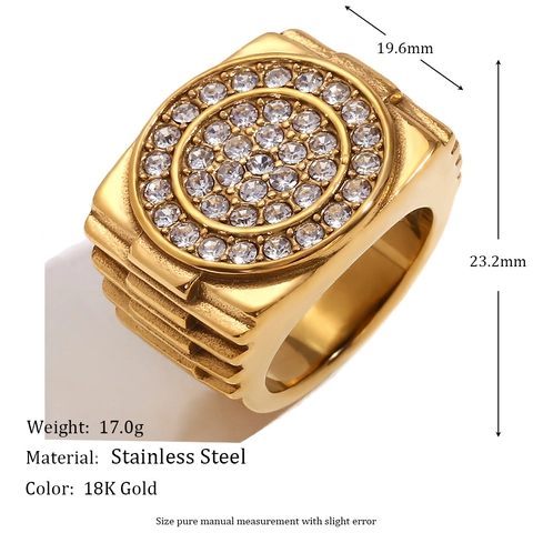 Anillo Hombre Acero Inoxidable Chapado Oro 18K Micro Pave Circonita Diseño Correa Reloj Retro Hip Hop Joyería