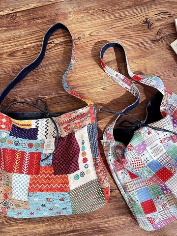 Retro Bohemian Patchwork Canvas Schultertasche Große Kapazität Cord Denim Tote Bag Für Damen Kordelzug