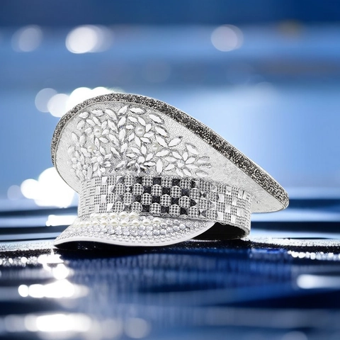 Cappello Da Capitano Con Paillettes E Strass Luccicanti Cappello Militare Con Künstliche Perle Per Festa Palcoscenico Punk Lusso