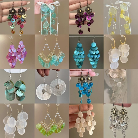 Pendientes De Borla De Concha Redonda Con Poste De Plata Vacaciones Bohemias Joyas De Verano Geométricas Para Mujer