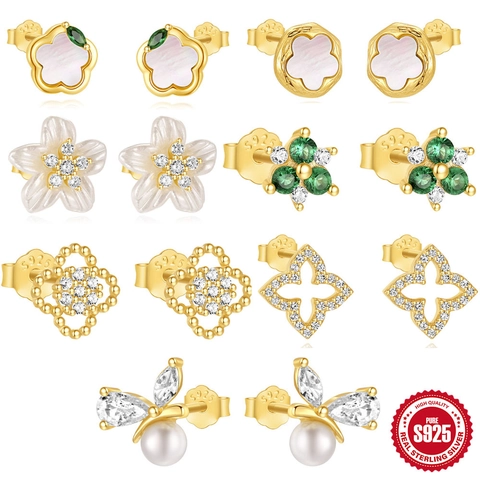 Flower Butterfly Clover Stud Earrings With 925 Sterling Silver Earring Post Hollow Inlaid Zircon Artificial Pearl Shell Jewelry For Women