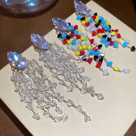 Orecchini Lunghi Con Nappe In Cristallo Marquise Con Zircone E Perno In Argento Pendenti Geometrici Da Donna