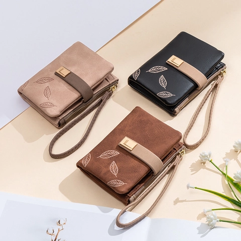 Women Short Wallet PU Leather Leaf Embossed Snap Button Zipper Coin Purse With Wrist Strap Korean Style Cute Small Card Holder