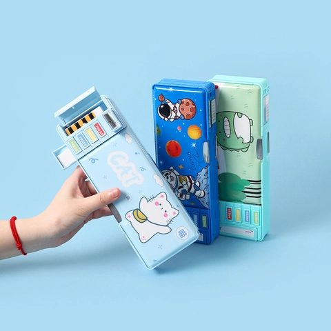 Multifunctional Stationery Case Cute Cartoon Dinosaur Astronaut Double Layer Mechanical Sharpener Organizer For Kids