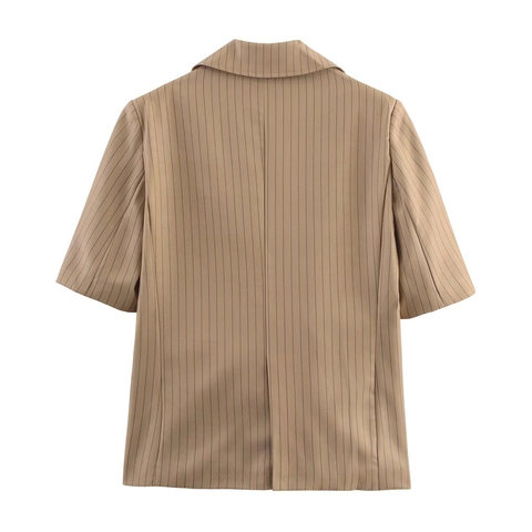 Women Pinstripe Linen Blend Short Sleeve Blazer And Wide Leg Trousers Casual Office Streetwear Khaki