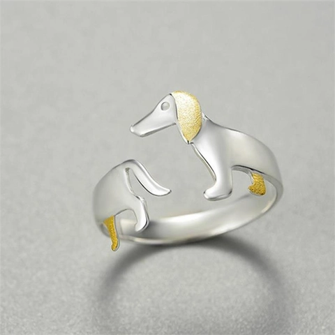 Anillo Abierto Perro Teckel Lindo de Plata de Ley 925 para Mujer Anillo de Dedo de Animal Ajustable Joyería Creativa Bicolor