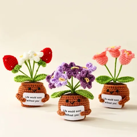 Handmade Crochet Potted Flower Ornament Yarn Knitted Desk Figurine With Positive Slogan Gift Home Office Table Decor