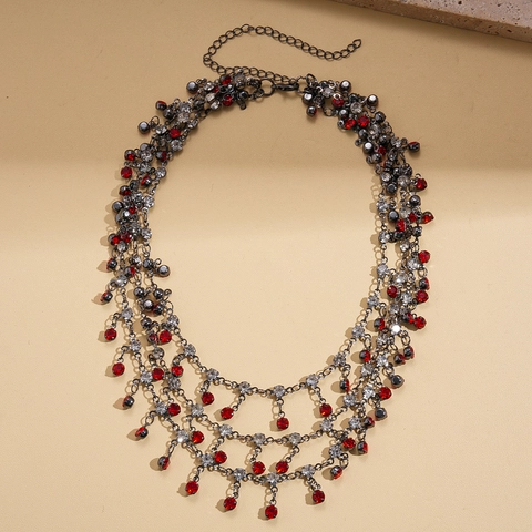 Retro Gelaagde Kwastjes Ketting Rode Heldere Steentjes IJzeren Metalen Sieraden Voor Vrouwen Boheemse Hofstijl Gunmetal