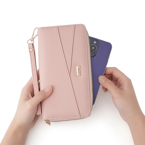Damen Geldbörse Lang Großes Fassungsvermögen PU Leder Reißverschluss Handy Clutch Mit Handschlaufe