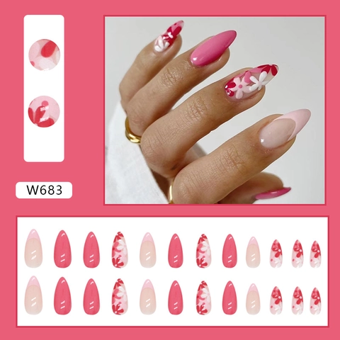 Pink Floral Almond Shape Press On Nails French Tip Glossy Full Cover ABS Plastic Artificial Fake Finger Nails For Women
