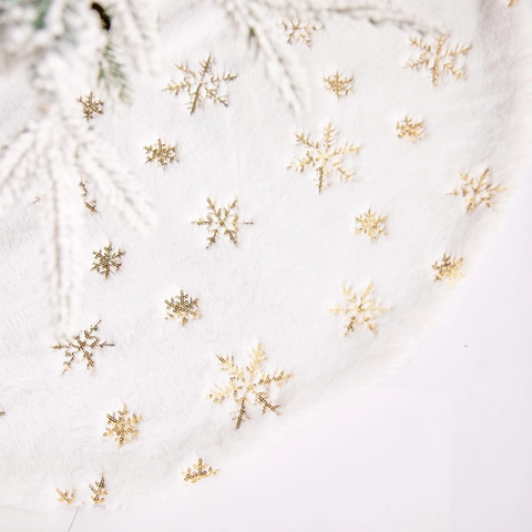 Jupe De Sapin De Noël Peluche Blanche Fausse Fourrure Paillettes Flocon De Neige Ornement Rond Doux Décoration Maison