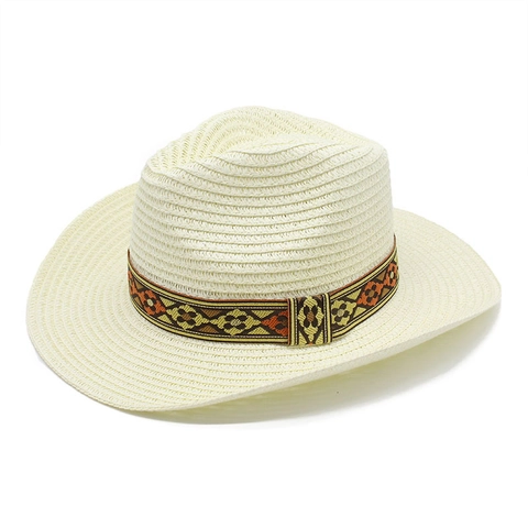 Cappello Da Cowboy Western Paglia Di Carta Tesa Larga Protezione Solare Fascia Geometrica Etnica Uomo Donna Estate Spiaggia