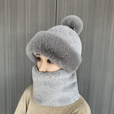 Chapeau Et Écharpe Intégrés En Peluche D'Hiver Pompon En Fausse Fourrure Protection Des Oreilles Épaissie Coupe-Vent