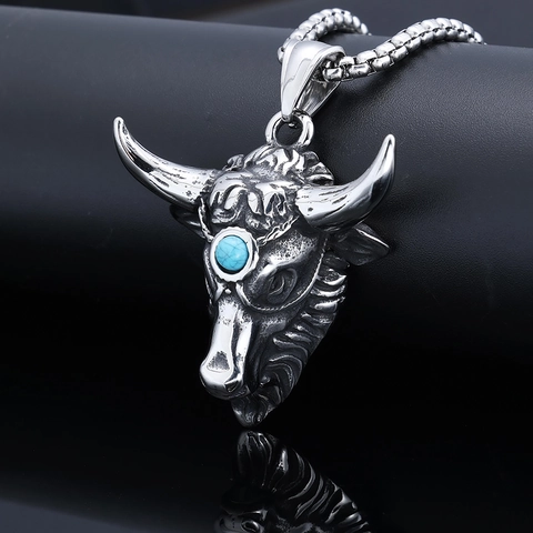 Bull Head Pendant Necklace With Turquoise Stainless Steel Retro Punk Gothic Ethnic Jewelry For Men