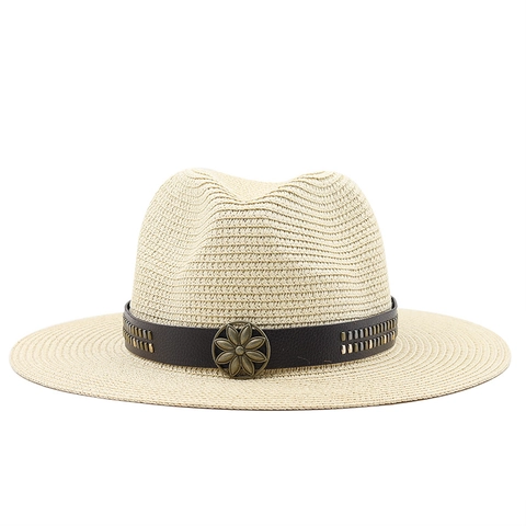 Sombrero Fedora De Paja Vintage Con Ala Ancha Banda De Cuero Hebilla De Flor De Metal Protección Solar Verano Playa Jazz Viaje