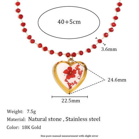 Heart Locket Necklace Stainless Steel 18K Gold Plated Real Dried Flower Beaded Chain Bohemian Vintage Jewelry For Women