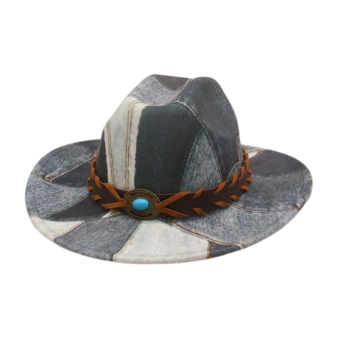 Cappello Da Cowboy Fedora In Denim Patchwork Retro Western Con Cinturino In Pelle Intrecciata E Decorazione Turchese