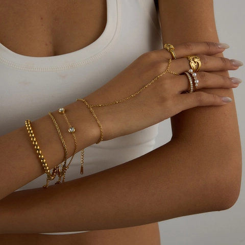 Luxus Edelstahlschmuck Für Damen Gold Vergoldet Künstliche Perle Strass Ring Armband Mode Accessoires
