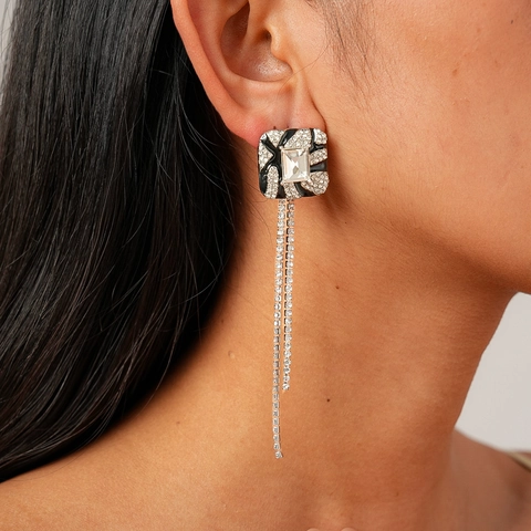 Boucles D'oreilles Gland Carré Géométrique En Alliage Strass Avec Tige En Argent Émail Noir Bijoux Élégants Pour Femmes